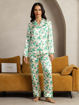 [Green Floral] SilkSilky-UK Pure Silk Notch Collar Women's Pyjamas 002,