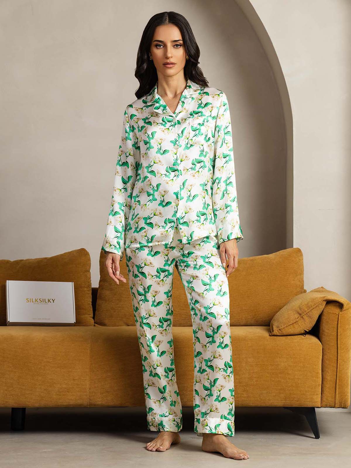 [Green Floral] SilkSilky-UK Pure Silk Notch Collar Women's Pyjamas 002,