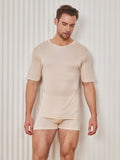 SilkSilky UK Silk Knitted Short Sleeve V Neck Men's T Shirt Beige 001