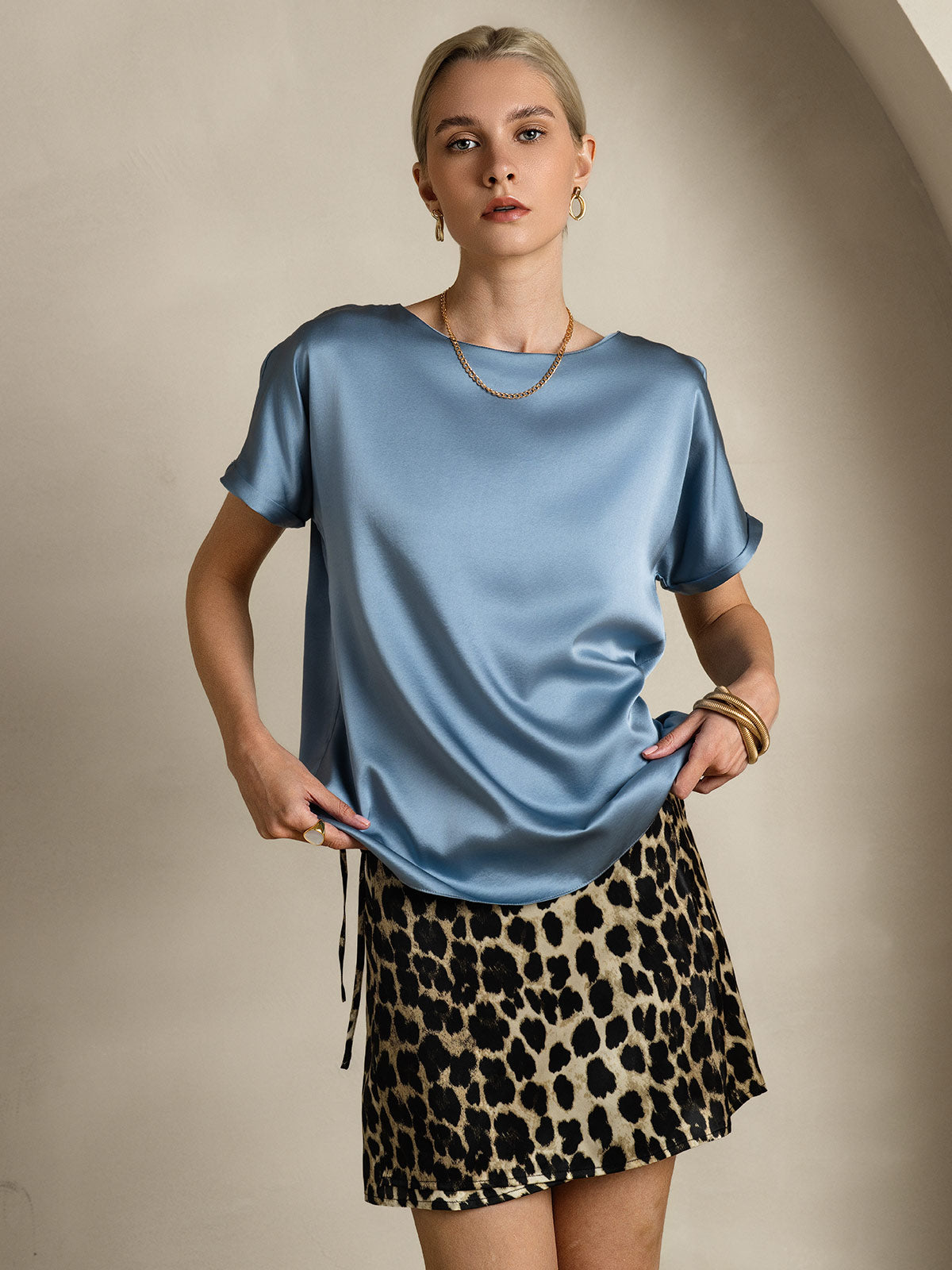 [Grayish Blue] SilkSilky-UK 19Momme Silk Round Neck Women's T-Shirt 001