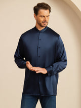 [Dark Blue] SilkSilky-UK Long Sleeve Stand Collar Men''s Shirt 005