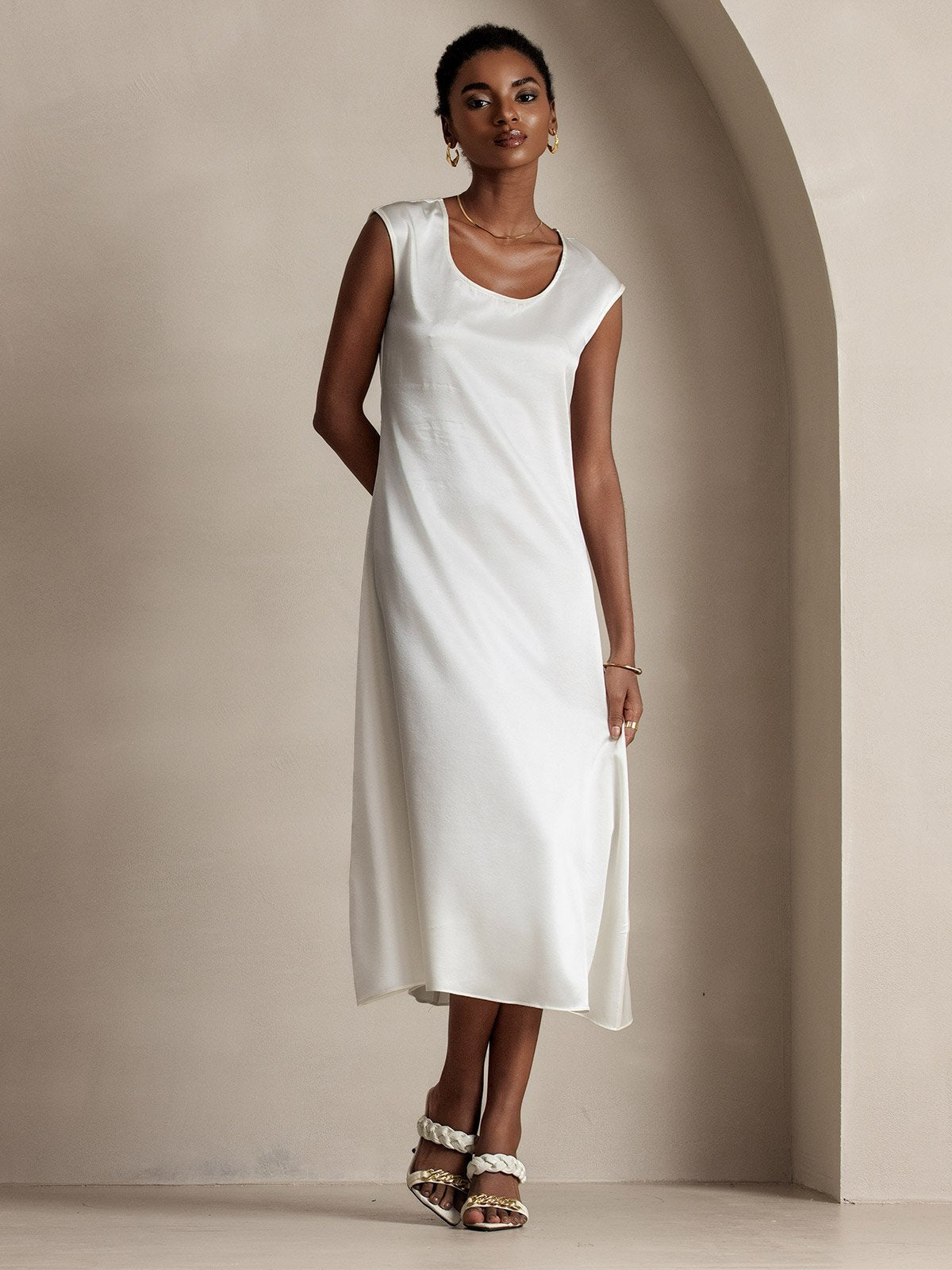 [White] SilkSilky-UK 19Momme Silk Cap Sleeve Round Neck Dress 003
