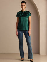 [Dark Green] SilkSilky-UK Short Sleeve Split Women's Blouse 005