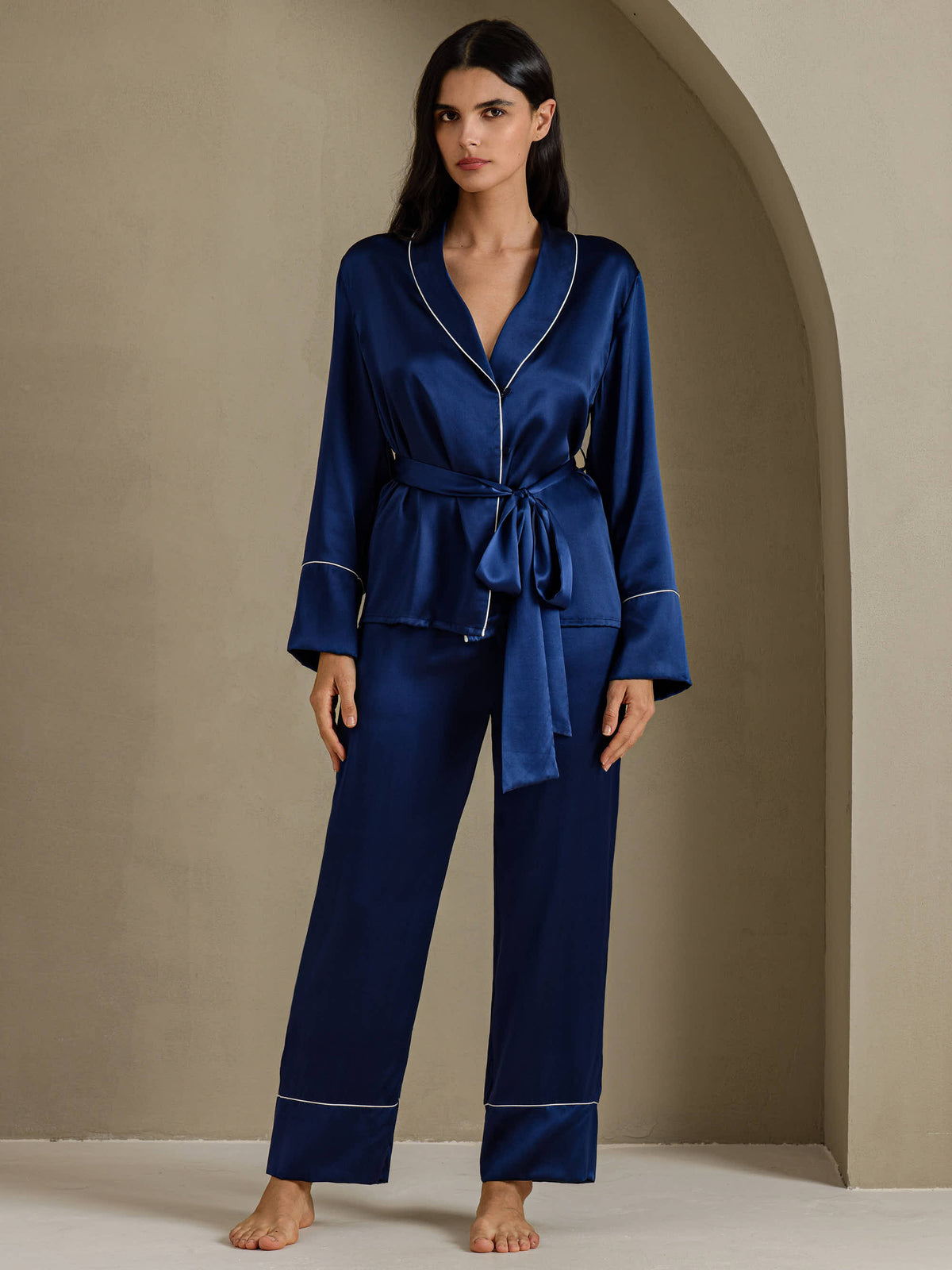 [Dark Blue] SilkSilky-UK Long Sleeve Shawl Collar Women's Pyjamas 001