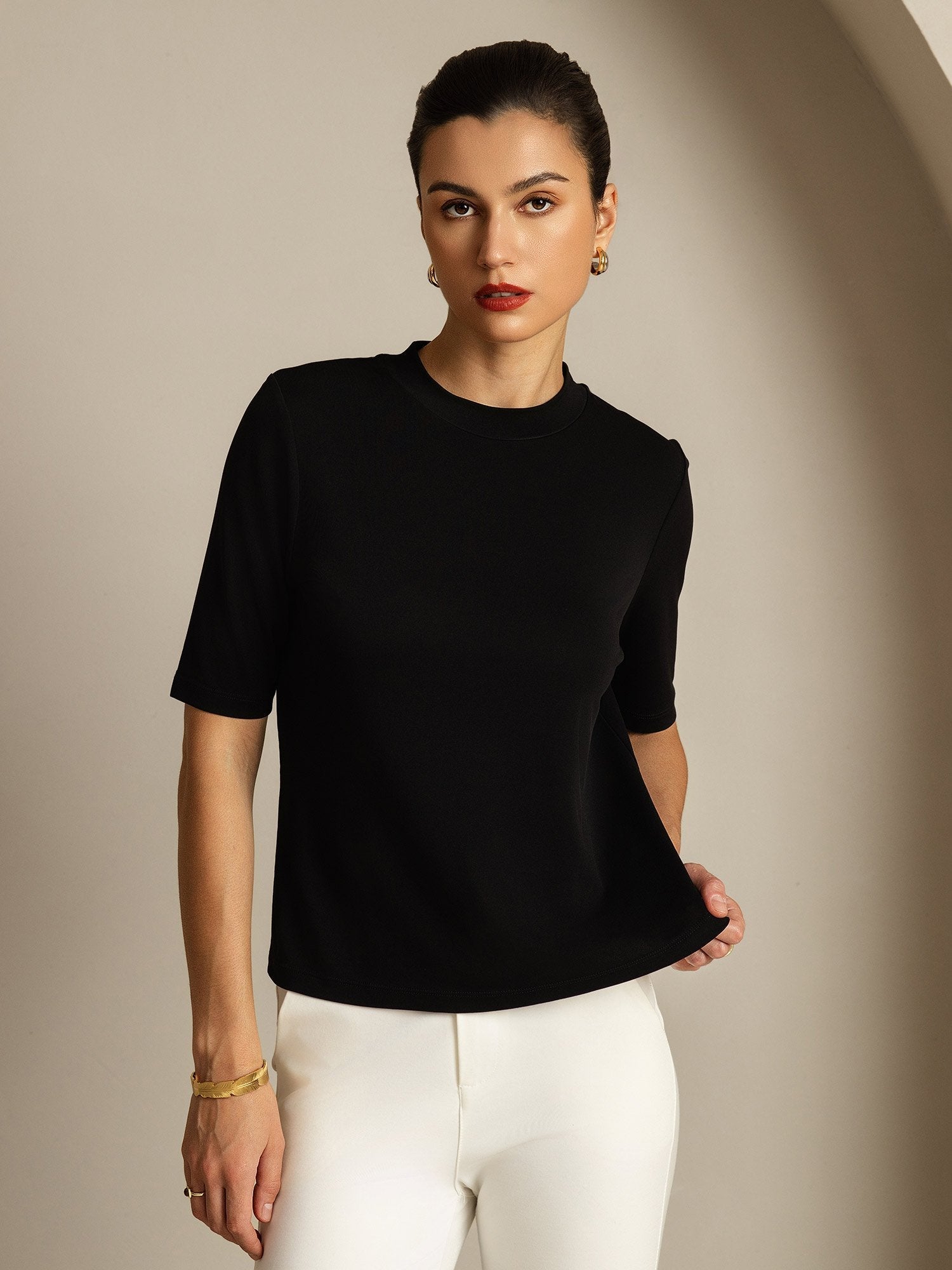 [Black] SilkSilky-UK Pure Silk Round Neck Women's T-Shirt 007