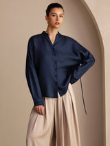 [Dark Blue] SilkSilky-UK Long Sleeve Split Women's Blouse 003