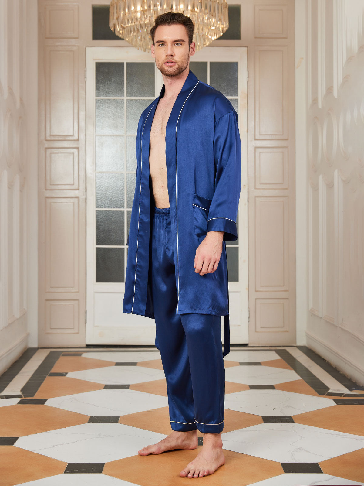 SilkSilky UK Pure Silk 3/4 Sleeve Deep V Neck Men's Dressing Gown DarkBlue 001