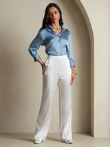 [Grayish Blue] SilkSilky-UK 19Momme Stretch Silk Charmeuse 3/4 Sleeve Lapel Collar Women's Shirt 007