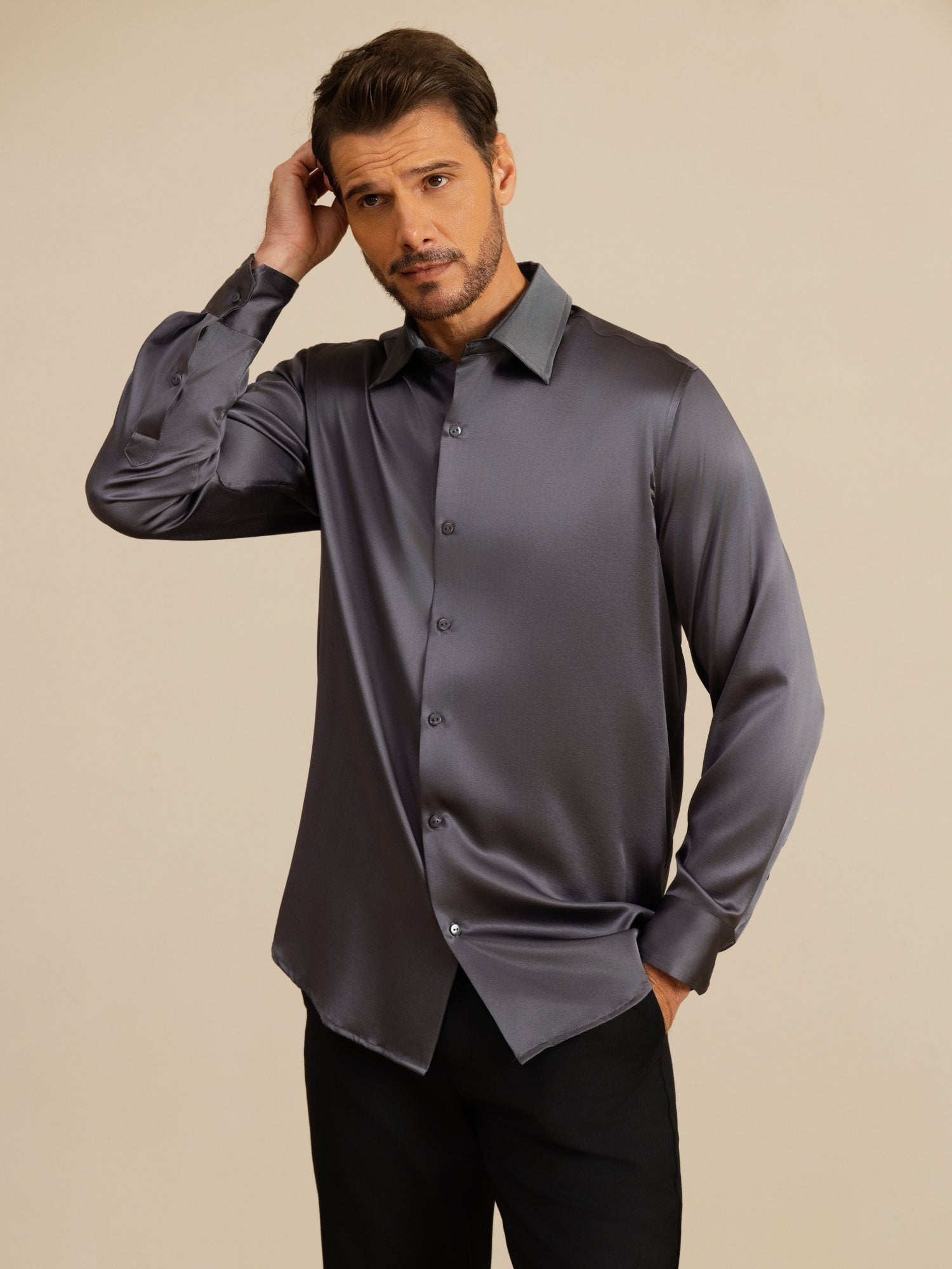 [Dark Gray] SilkSilky-UK 19Momme Stretch Silk Charmeuse Long Sleeve Lapel Collar Men's Shirt 004