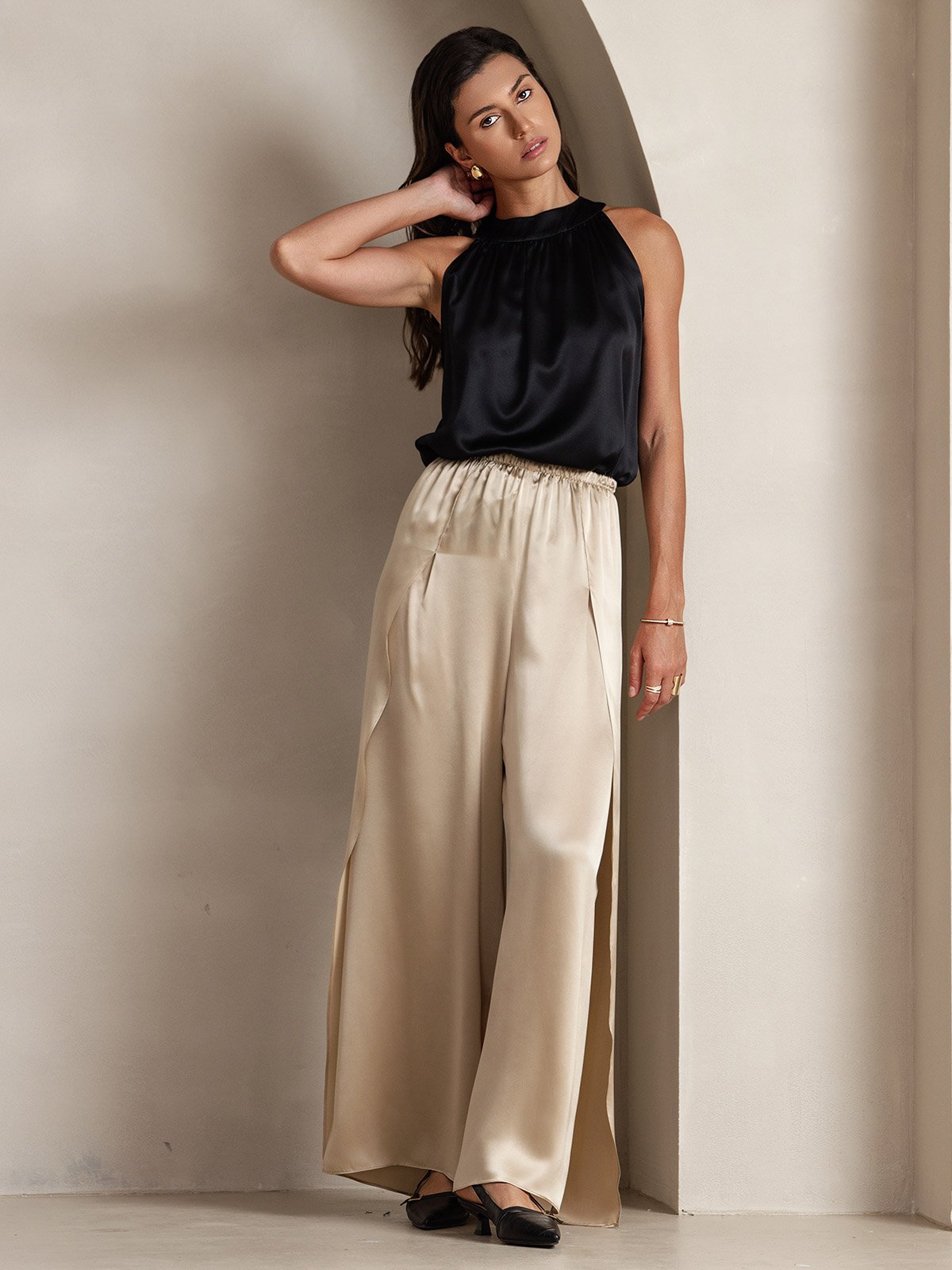 [Black] SilkSilky-UK 19Momme Silk Sleeveless Halter Neck Women's T-Shirt 005