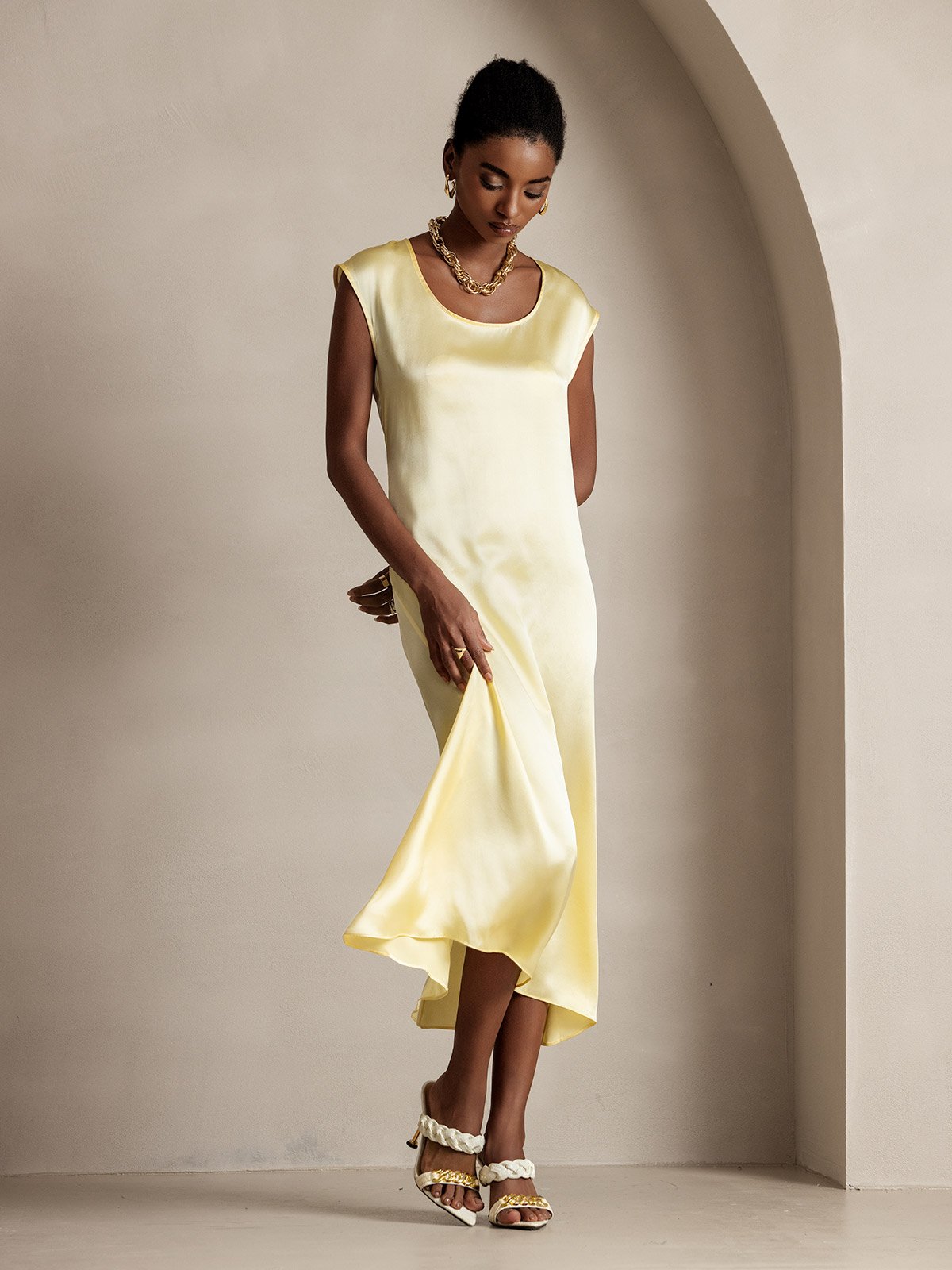 [Light Yellow] SilkSilky-UK 19Momme Silk Cap Sleeve Round Neck Dress 006