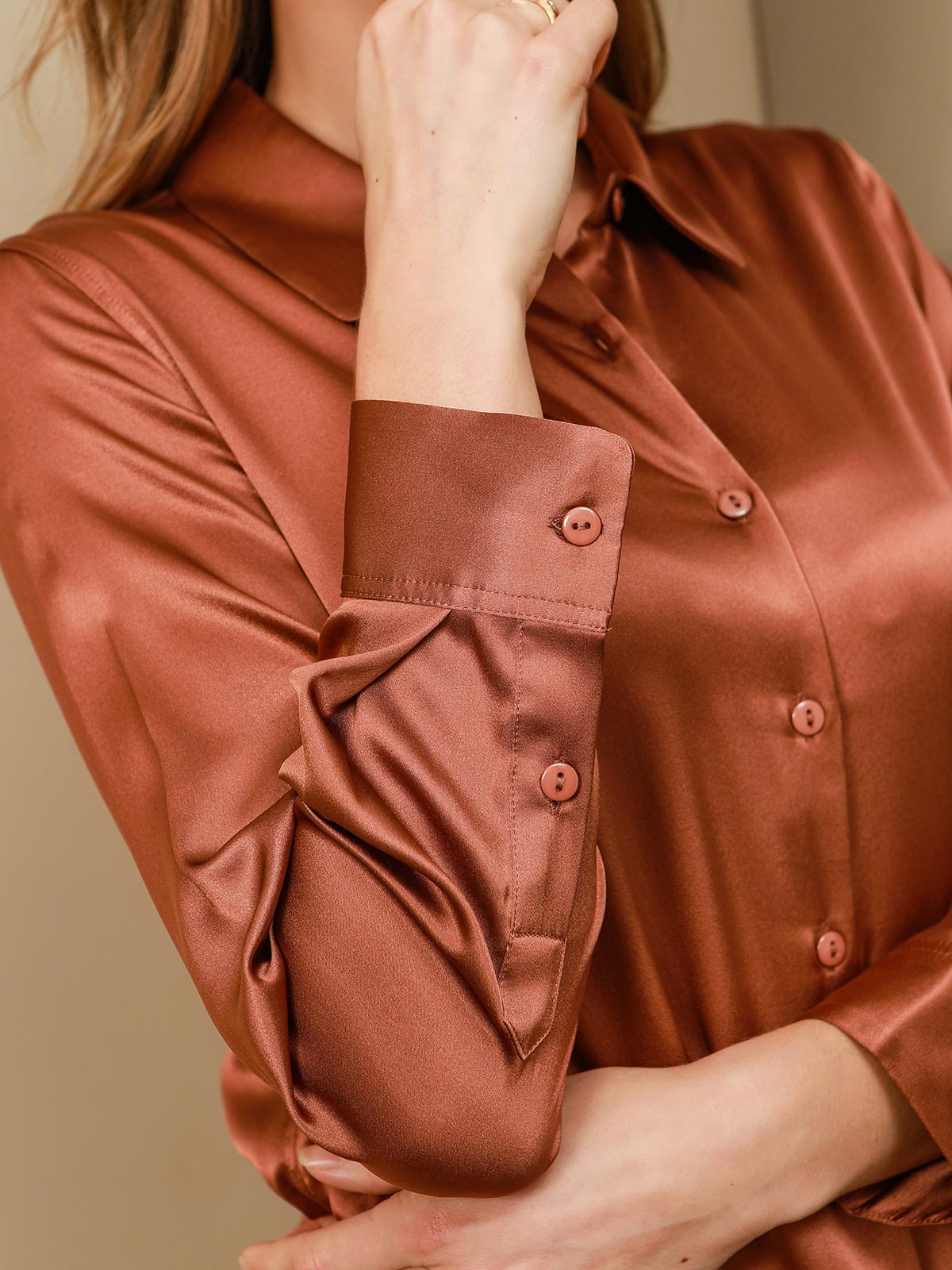 SilkSilky-UK Silk Long Sleeve Collar Women's Shirt Coffee 004