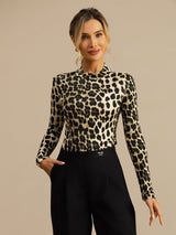 [Leopard] SilkSilky-UK 100% Silk Jersey Long Sleeve Mock Neck Women's T-Shirt 007
