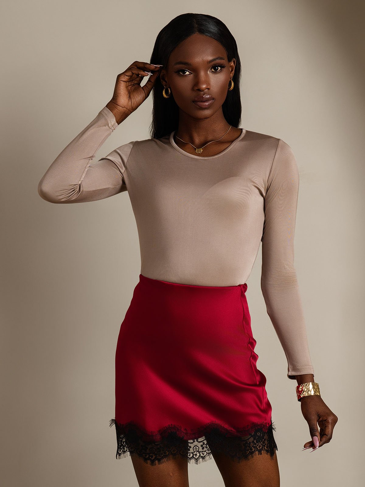 [Coffee] SilkSilky-UK Silk Long Sleeve Round Neck Women's T-Shirt 004