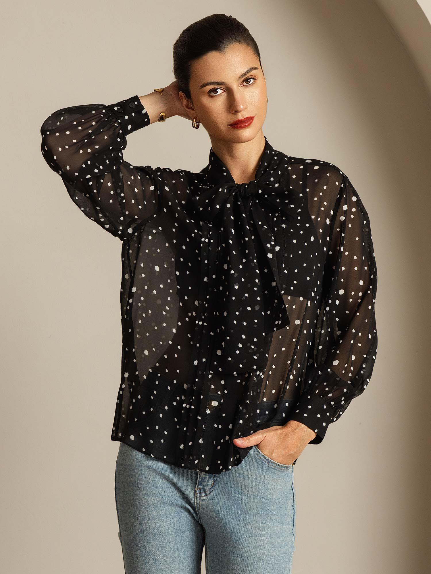 [PolkaDot] SilkSilky-UK Pure Silk Tie Neck Women's Shirt 007
