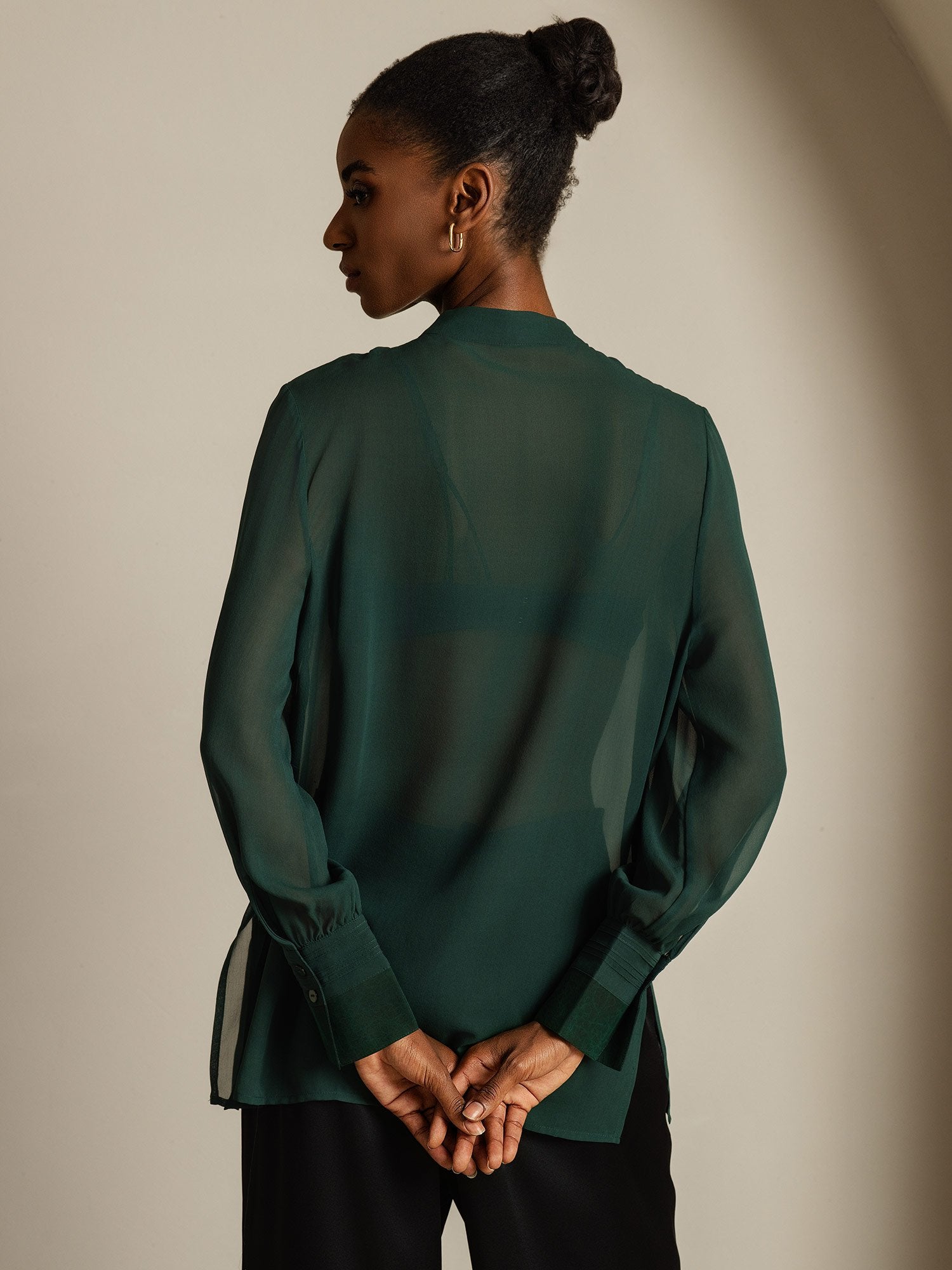 [Dark Green] SilkSilky-UK Pure Silk Split Women's Shirt 002