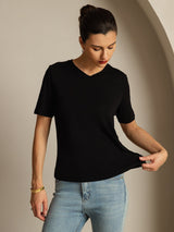 [Black] SilkSilky-UK 100% High-Twist Silk Jersey Short Sleeve V Neck Women's T-Shirt 003