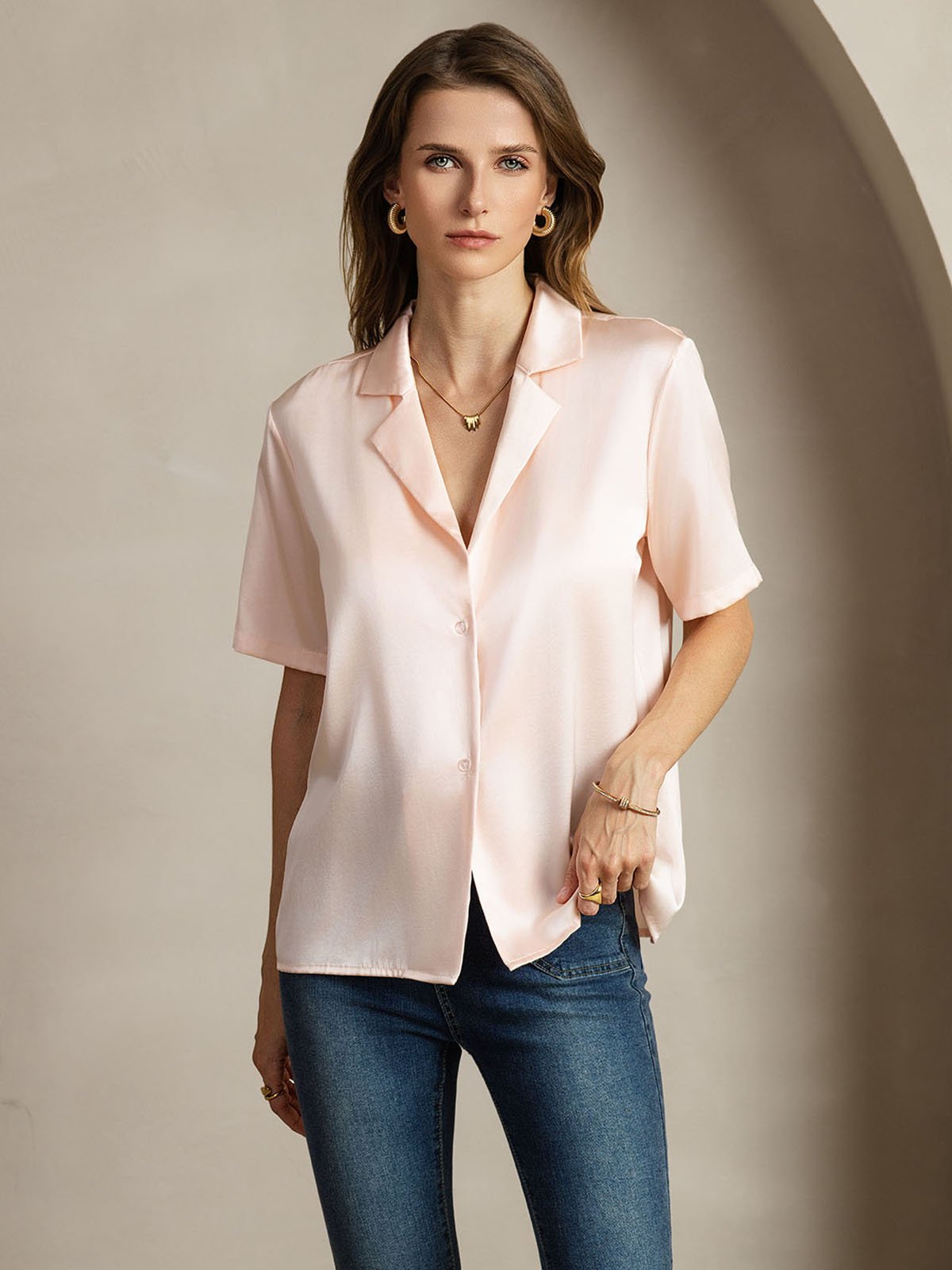[Pink] SilkSilky-UK 19Momme Silk Notched Neck Women's Shirt 005