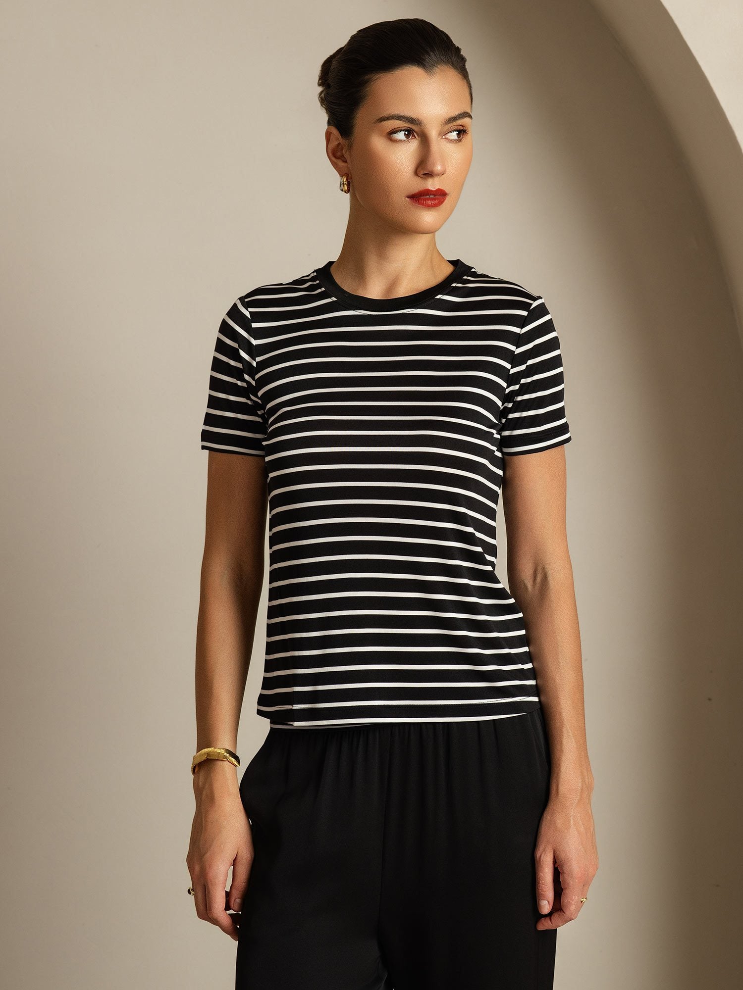 [BlackStripe] SilkSilky-UK Pure Silk Crew Women's T-Shirt 003