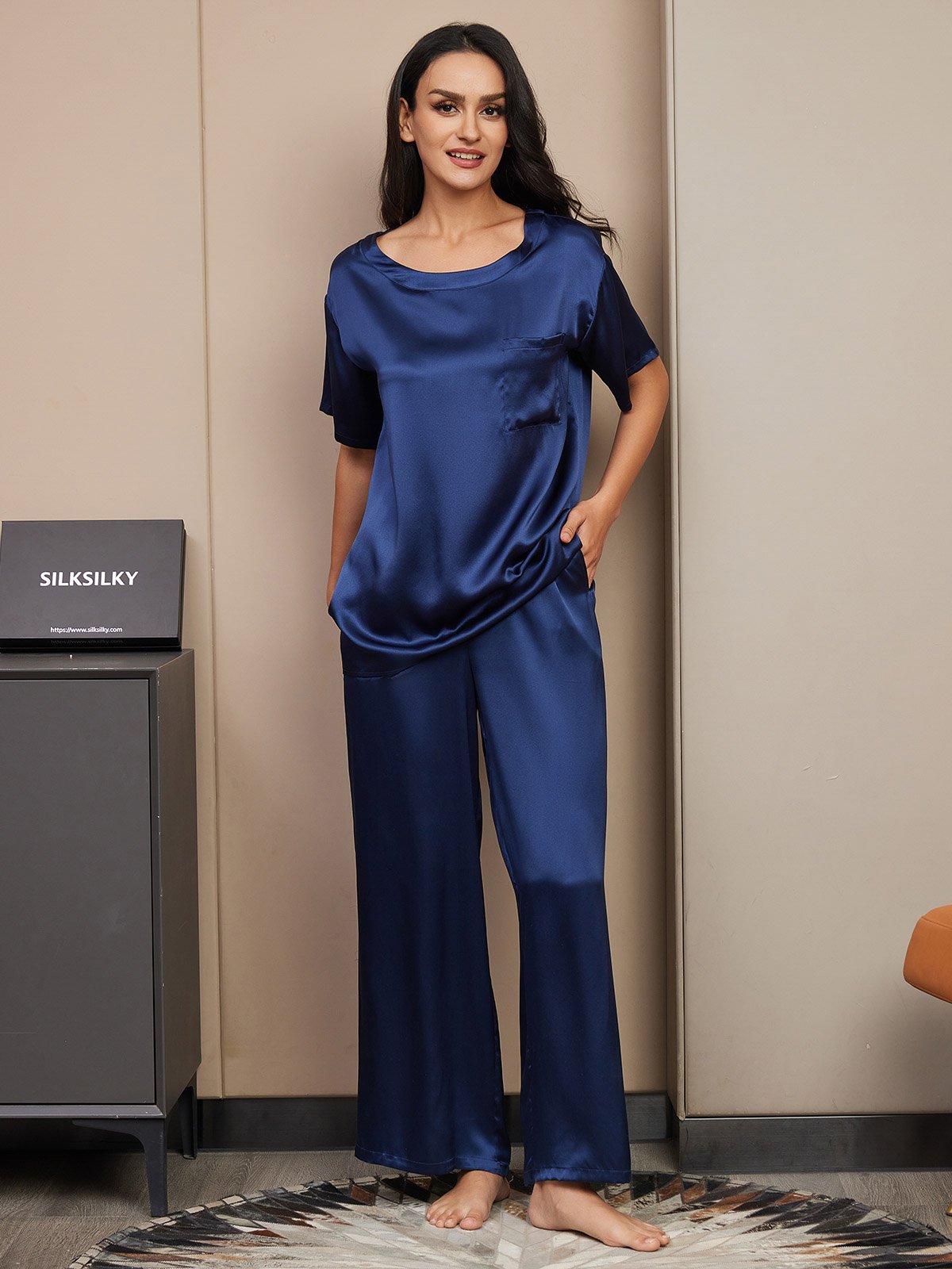 [Dark Blue] SilkSilky-UK Pure Silk Short Sleeve Womens Pajamas 003