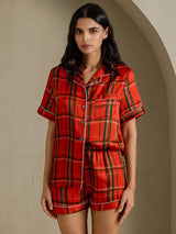 [Red Plaid] SilkSilky-UK Short Sleeve Notch Collar Women's Pyjamas 003