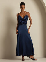 [Dark Blue] SilkSilky-UK 19Momme Stretch Silk Charmeuse Spaghetti Strap Cowl Neck Women''s Outfit Sets 003