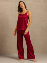 [Wine] SilkSilky-UK 19Momme Machine-Washable Silk Spaghetti Strap Scoop Neck Camisole Set 006