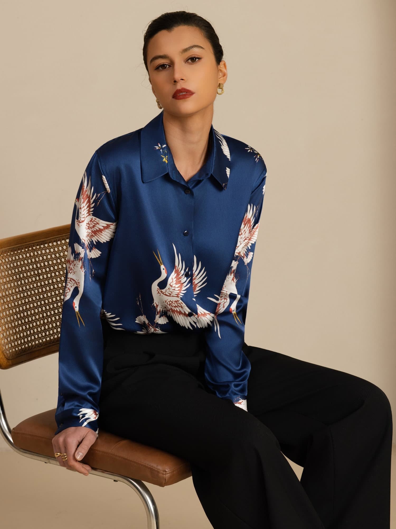 [Dark Blue] SilkSilky-UK 19Momme Long Sleeve Lapel Collar Women's Shirt 001