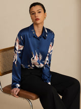 [Dark Blue] SilkSilky-UK Long Sleeve Lapel Collar Women's Shirt 003