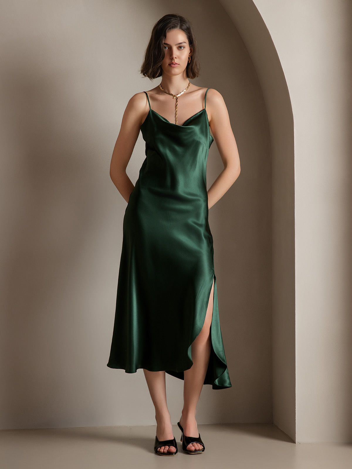 [Dark Green] SilkSilky-UK 19Momme Pure Silk Cowl Neck Dress 005