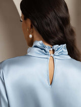 [Grayish Blue] SilkSilky-UK 19Momme Silk Keyhole Neck Women's Shirt 005