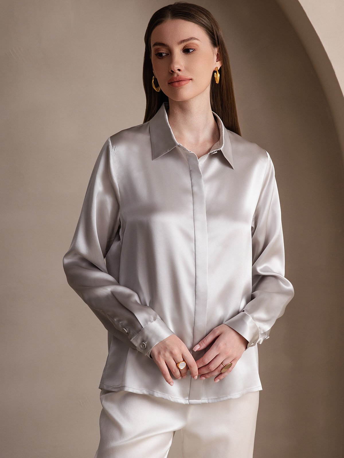 SilkSilky-UK 19Momme Silk Long Sleeve Collar Women's Shirt LightGray 004