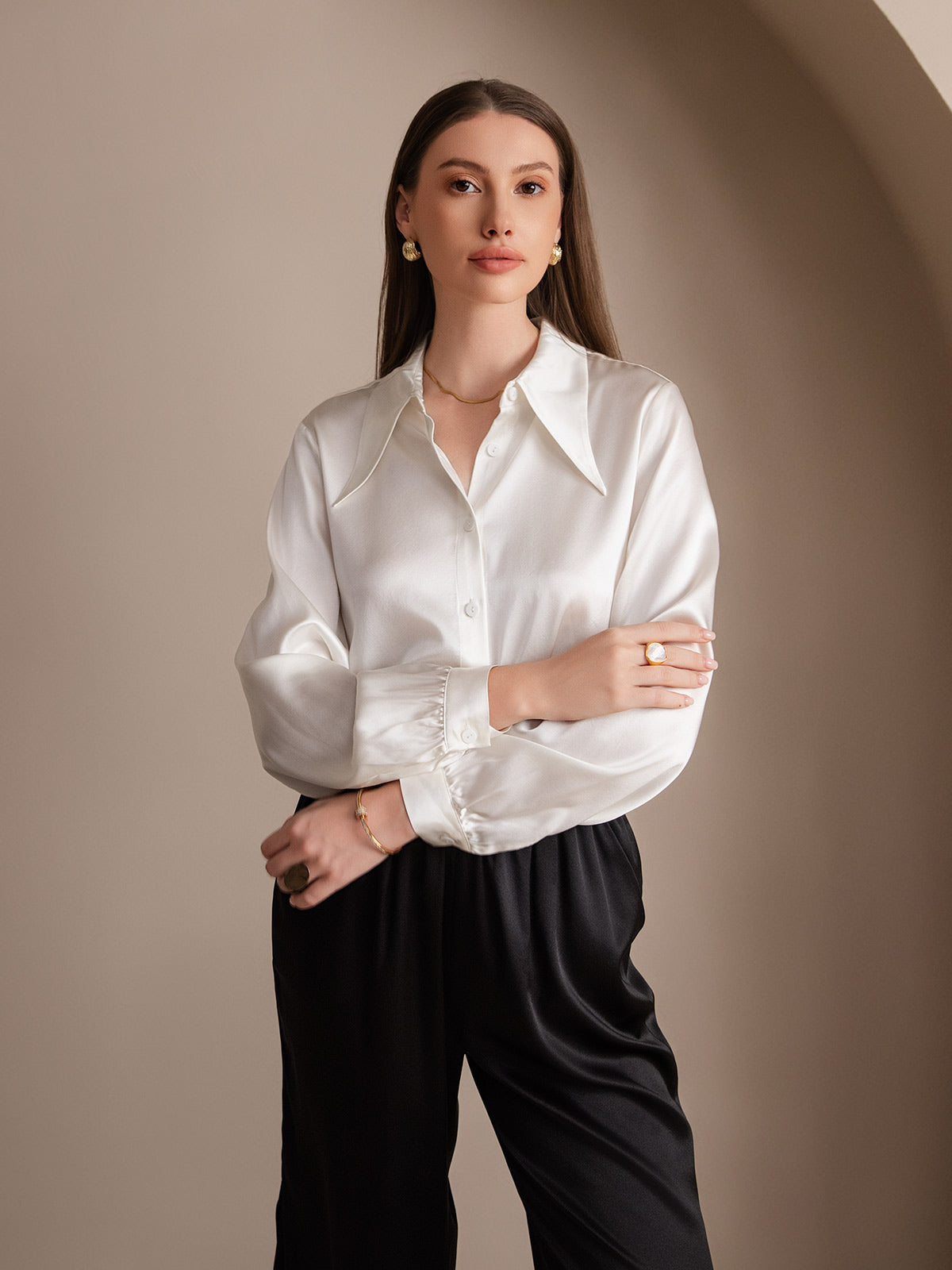 SilkSilky UK 19Momme Silk Long Sleeve Collar Women's Shirt White 004