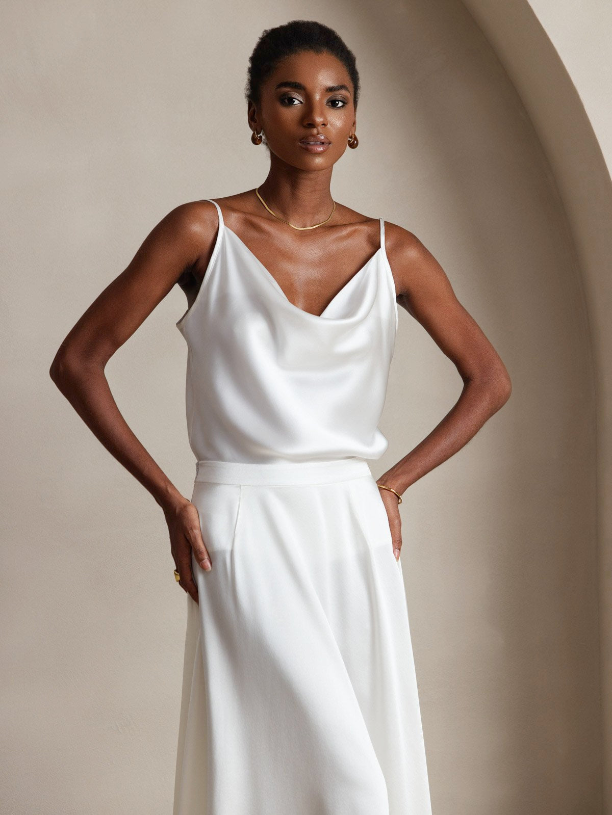 [White] SilkSilky-UK 19Momme Stretch Silk Charmeuse Spaghetti Strap Cowl Neck Camisole 004