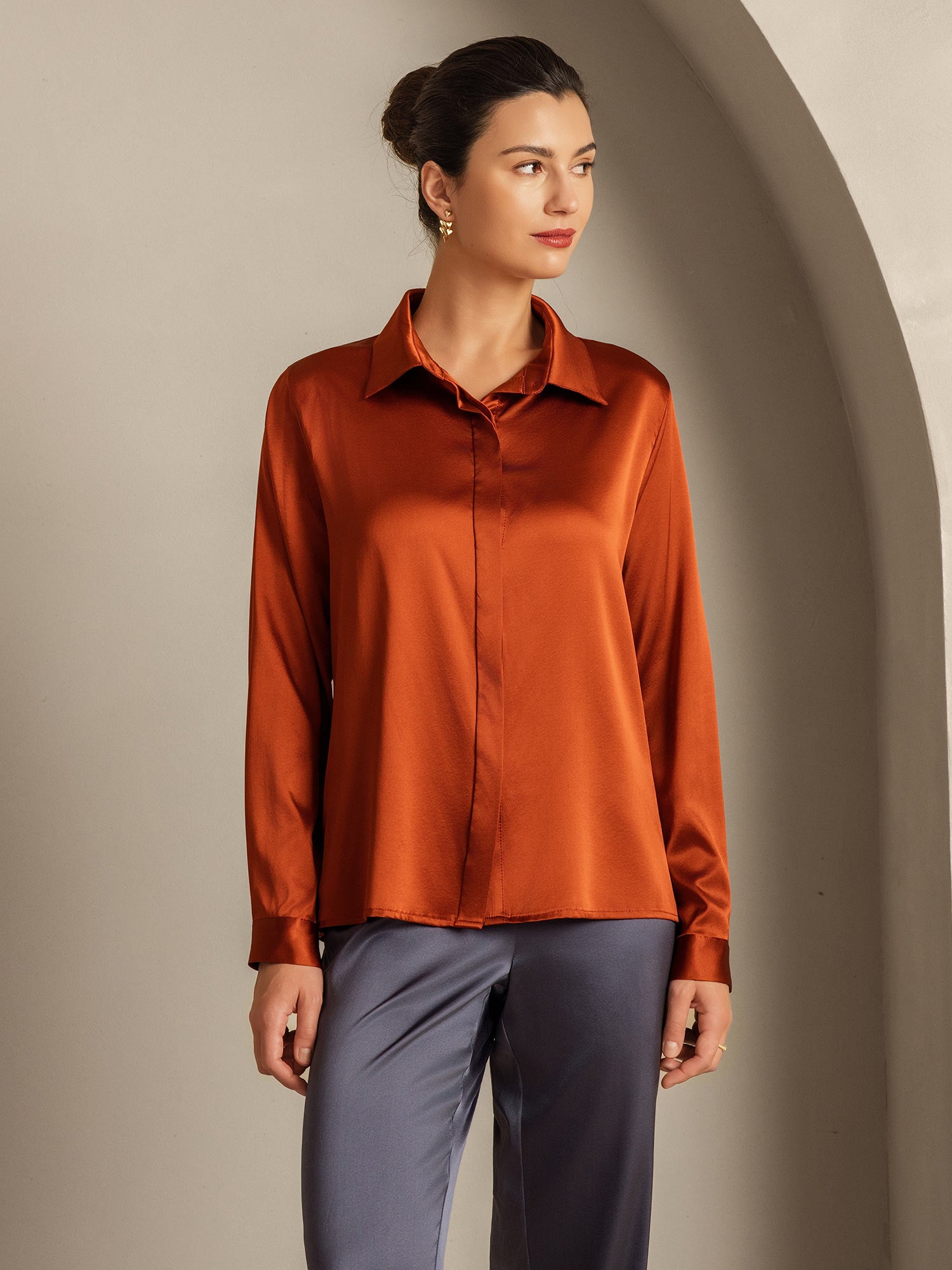 [Caramel] SilkSilky-UK 19Momme Silk Collar Women's Shirt 005