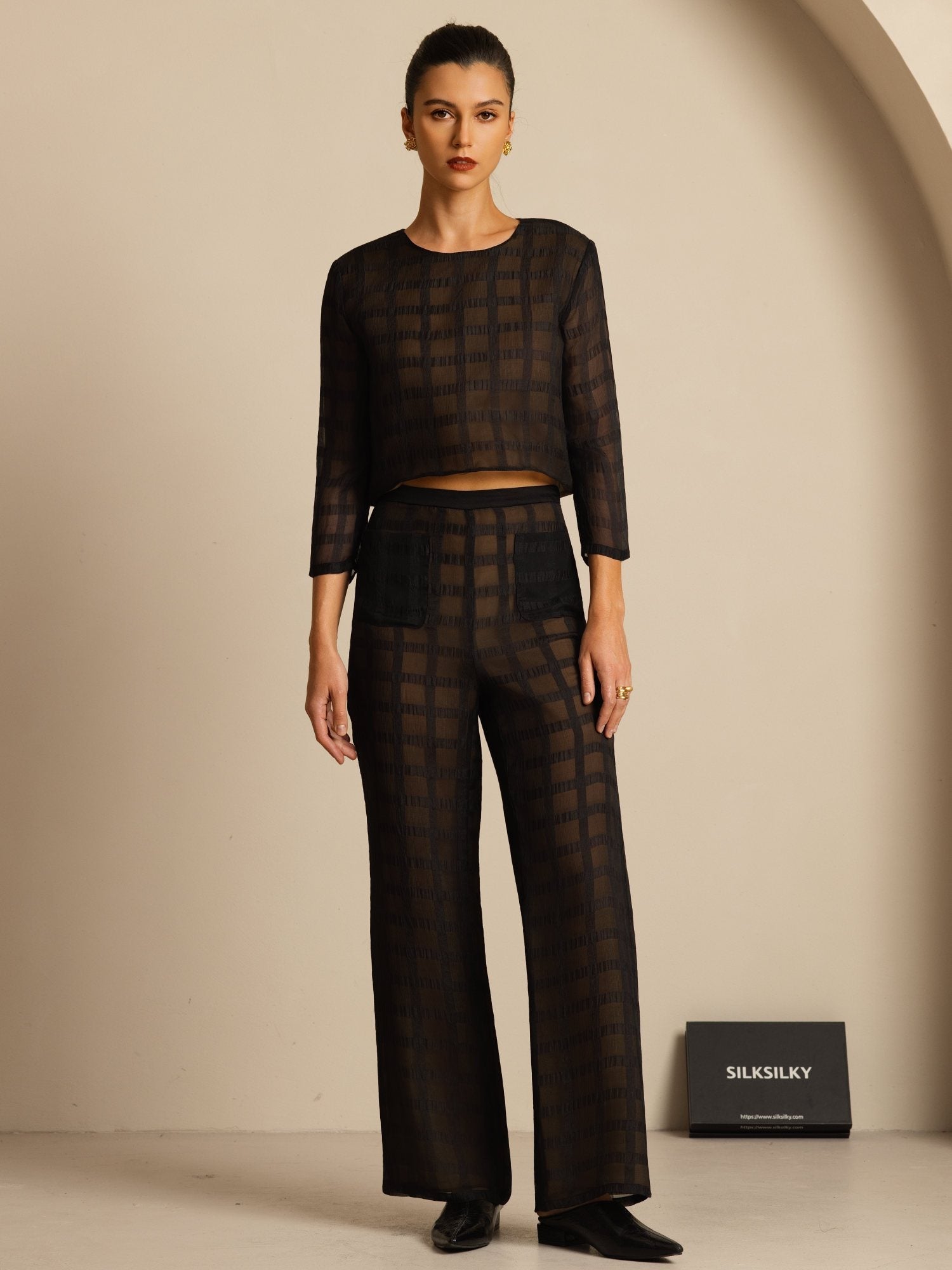 [Black] SilkSilky-UK Pure Silk Long Sleeve Round Neck Women''s Outfit Sets 001