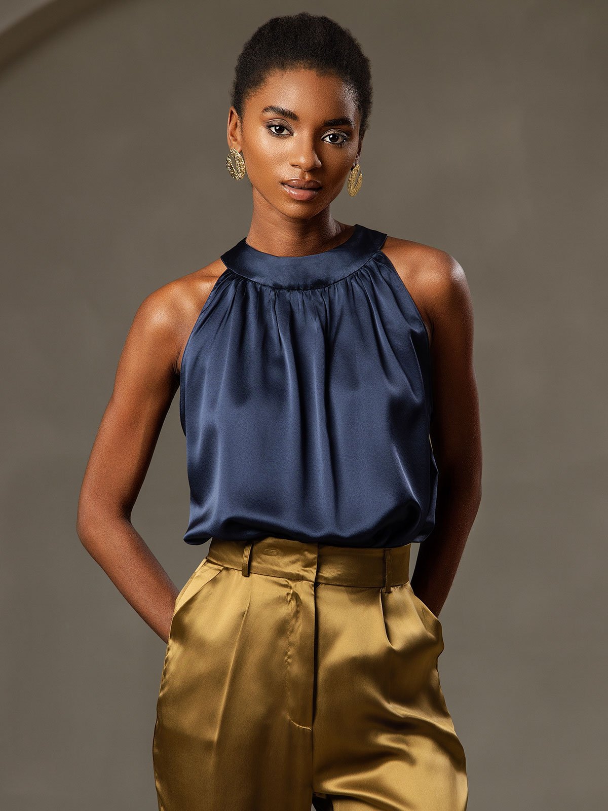 [Dark Blue] SilkSilky-UK 19Momme Silk Sleeveless Halter Neck Women's T-Shirt 003