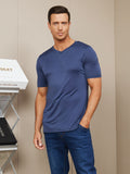 SilkSilky UK Silk Knitted Short Sleeve V Neck Men's T Shirt DarkBlue 004