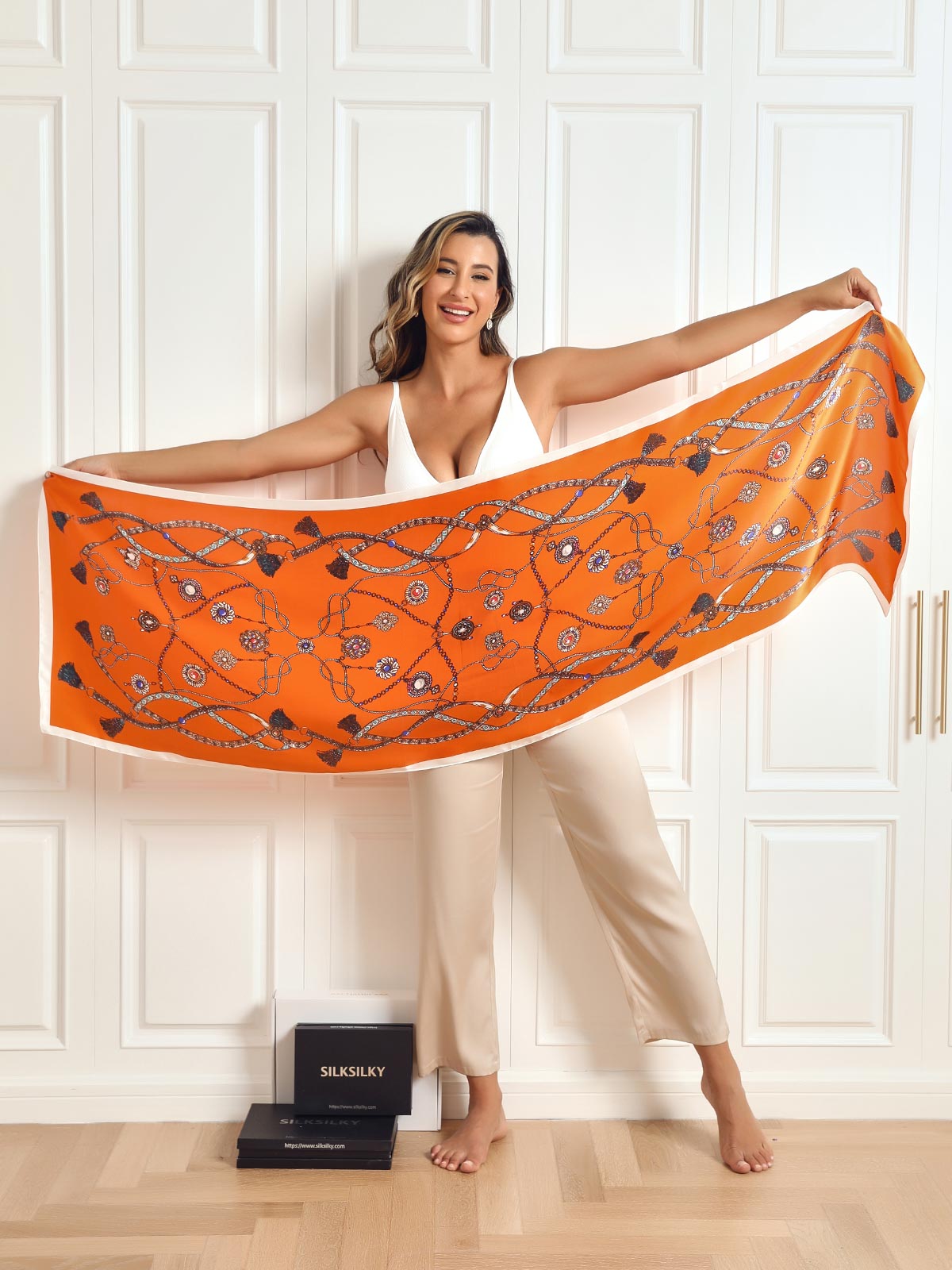 SilkSilky UK Pure Silk Scarf Orange 006