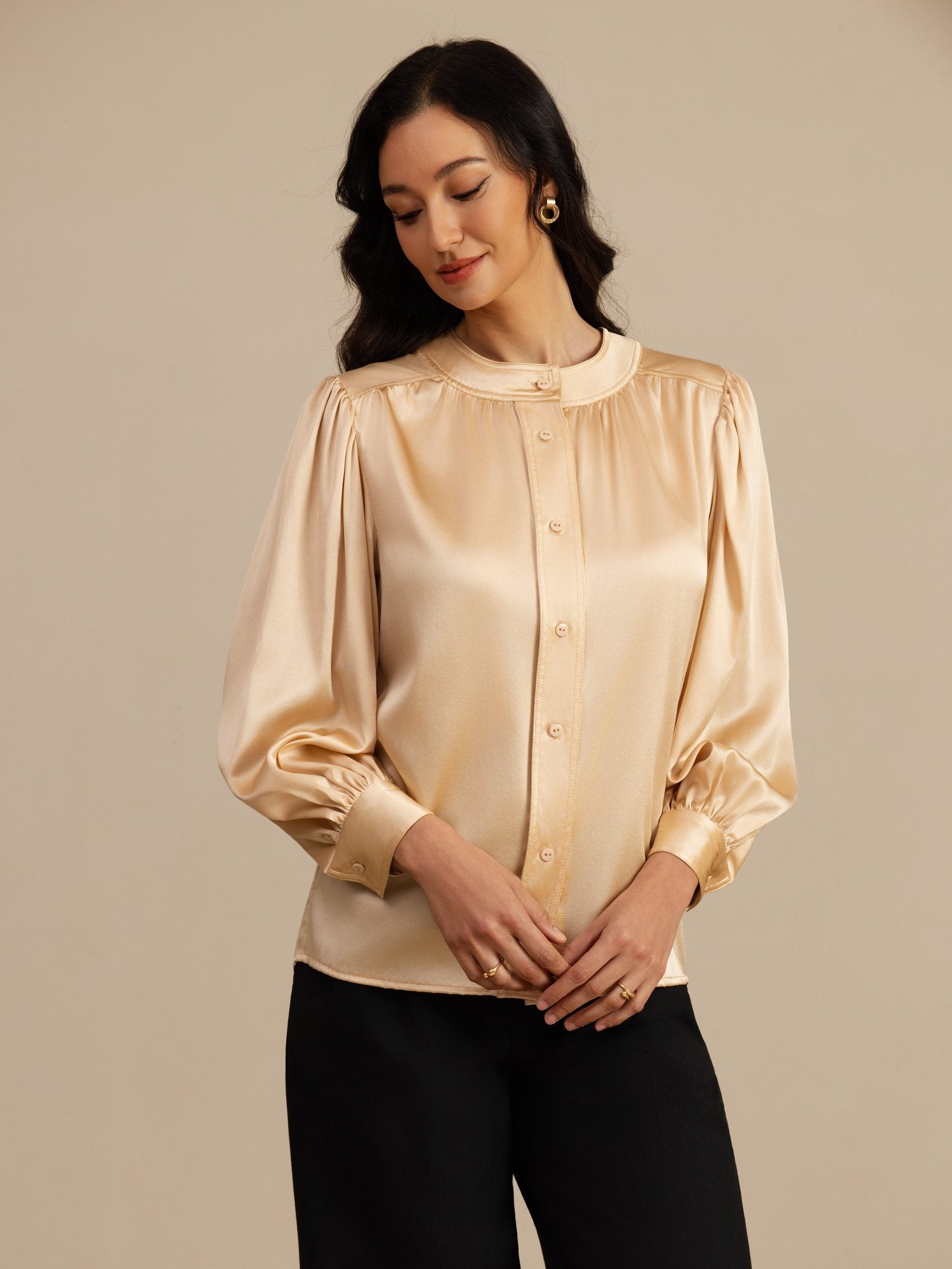 [Champagne] SilkSilky-UK 19Momme Long Sleeve Round Neck Blouse 001