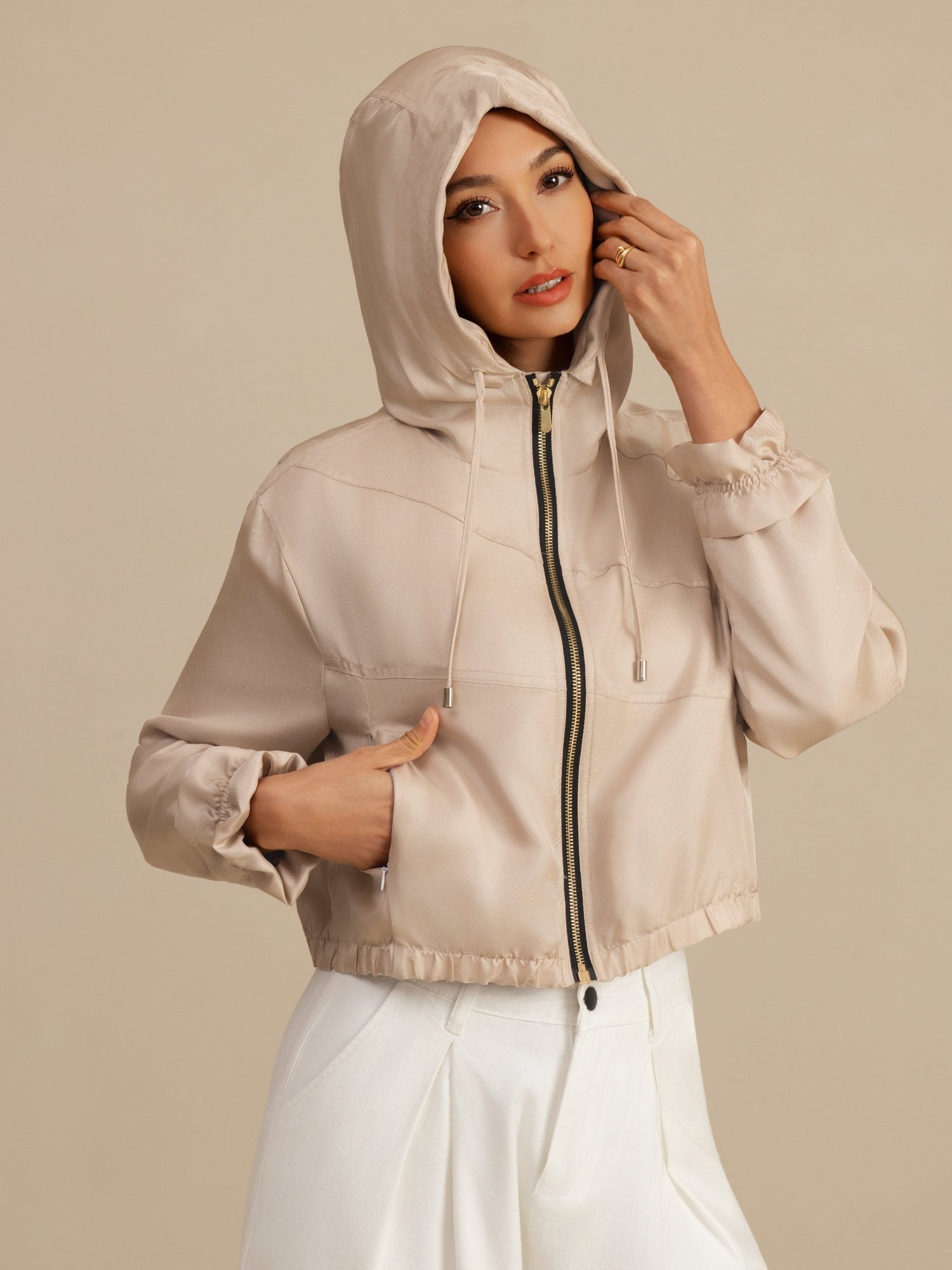 [Tan] SilkSilky-UK 18Momme Silk Satin Surah Long Sleeve High Neck Women's Outerwear 001