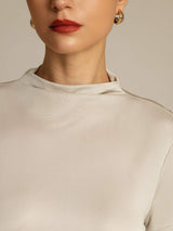 [Gray] SilkSilky-UK Silk Knitted Short Sleeve Mock Neck Women's T-Shirt 004
