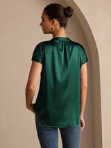 [Dark Green] SilkSilky-UK Short Sleeve Split Women's Blouse 002