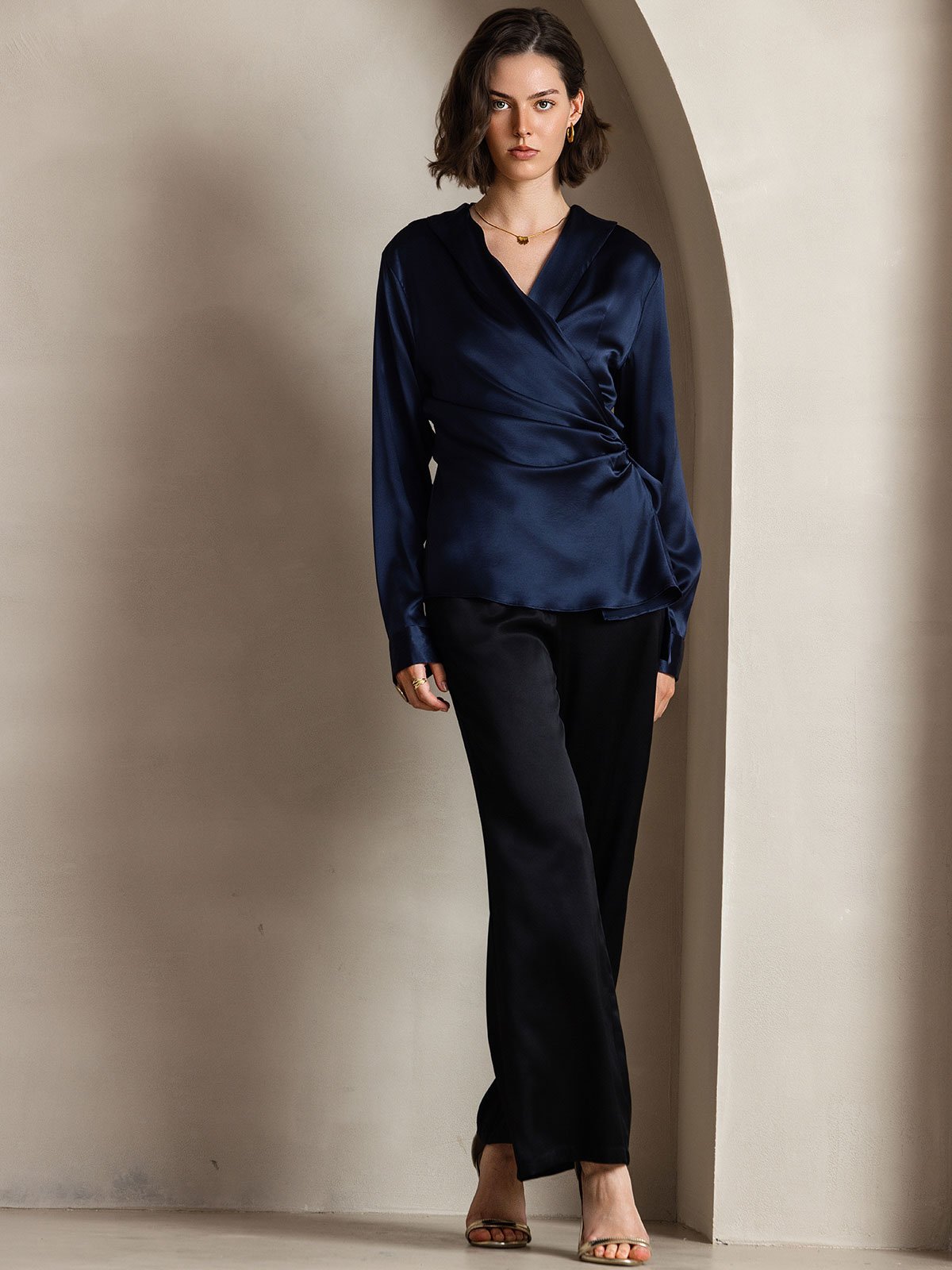 [Dark Blue] SilkSilky-UK 19Momme Silk Long Sleeve V Neck Women's Shirt 007