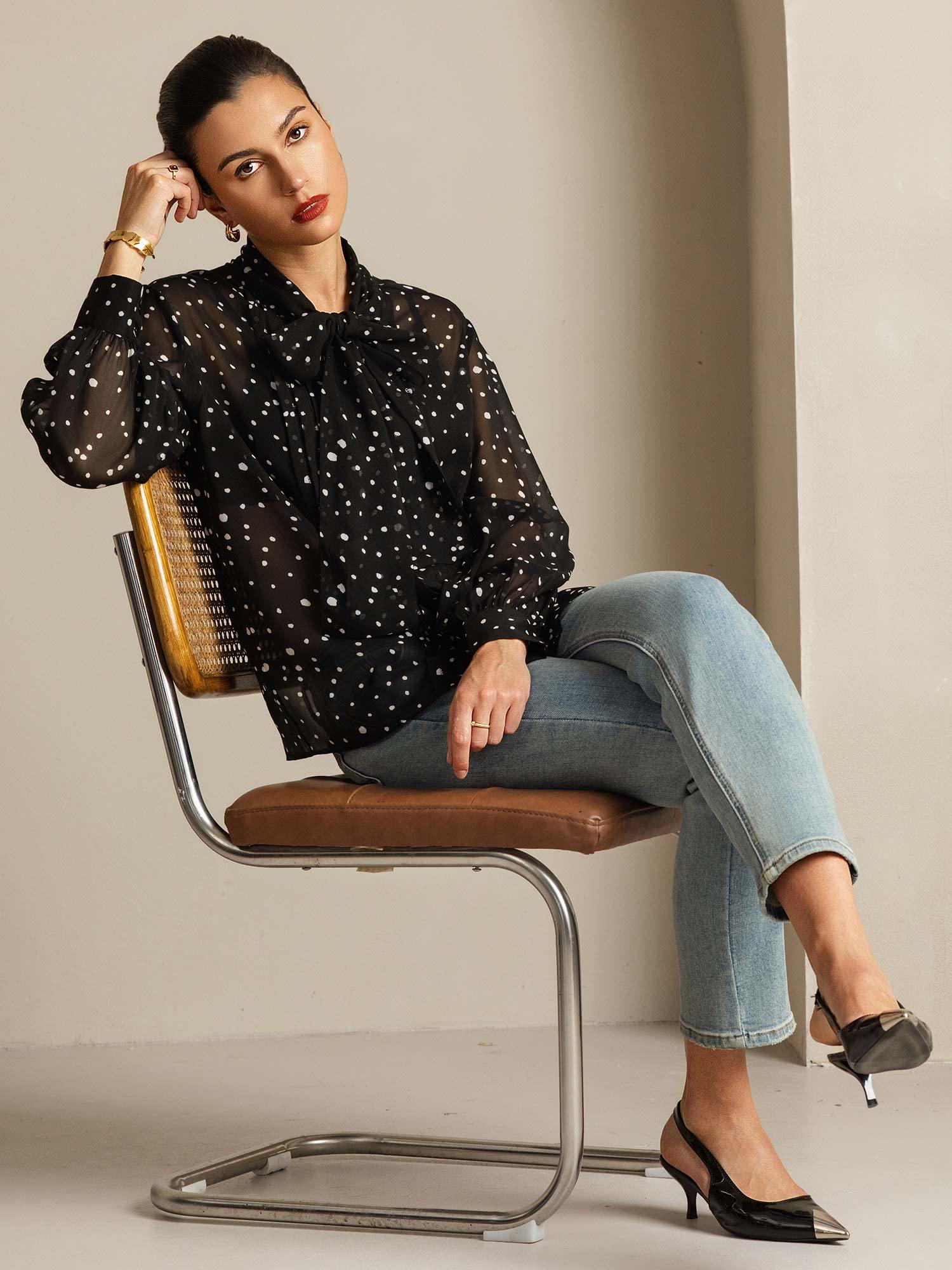 [PolkaDot] SilkSilky-UK Pure Silk Tie Neck Women's Shirt 009