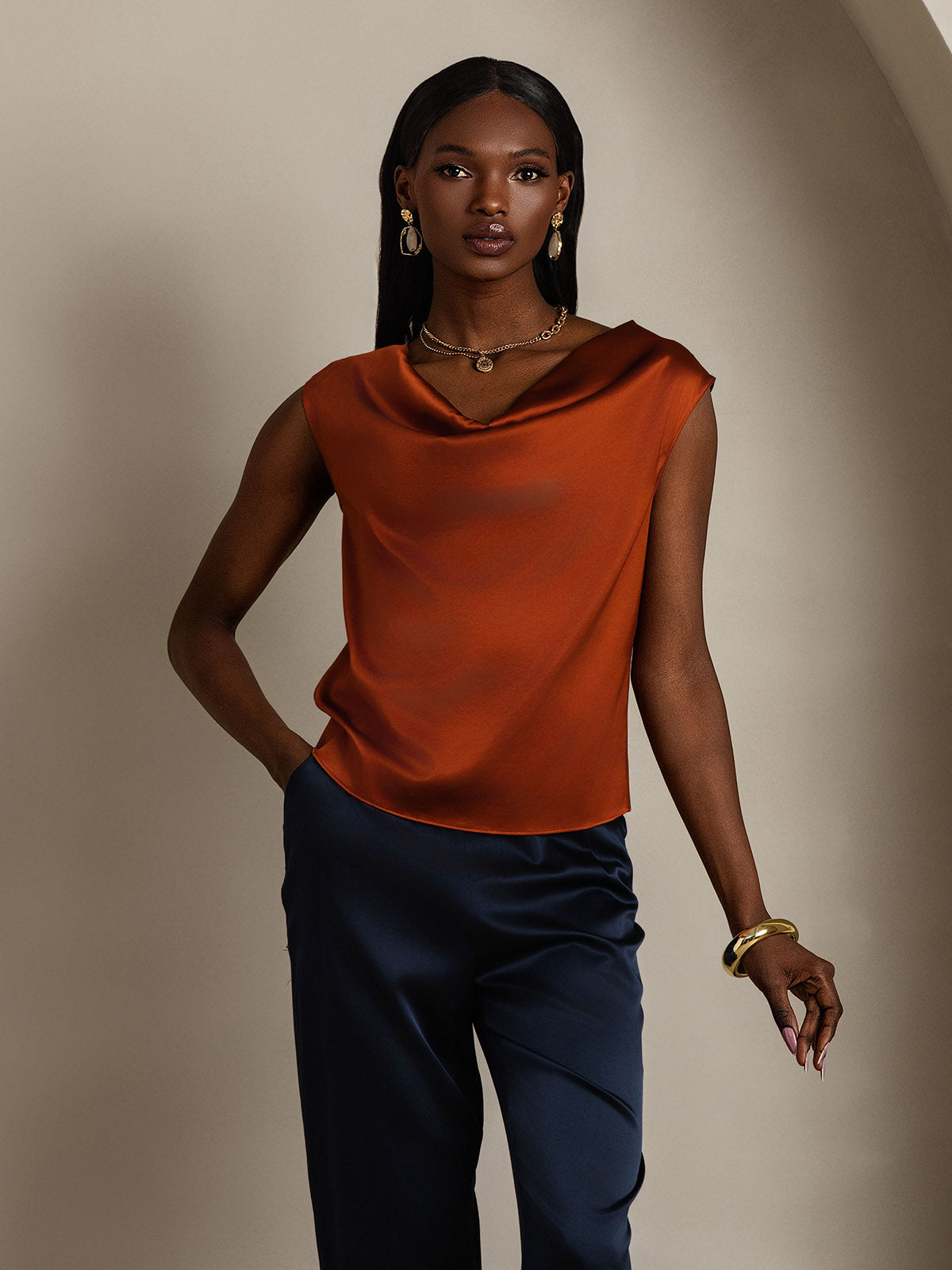 [Caramel] SilkSilky-UK 19Momme Silk Cap Sleeve Cowl Neck Women's T-Shirt 001