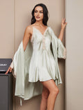 SilkSilky UK Pure Silk 3/4 Sleeve V Neck Nightdress&Dressing gowns MintGreen 003