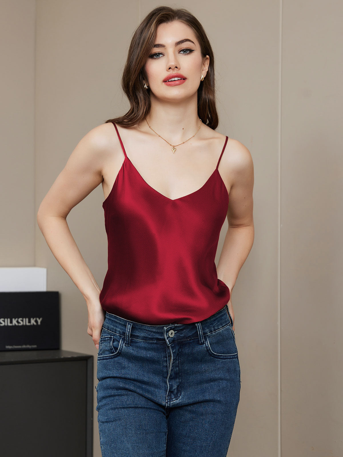 [Dark Red] SilkSilky-UK Pure Silk Sleeveless V Neck Camisole 004