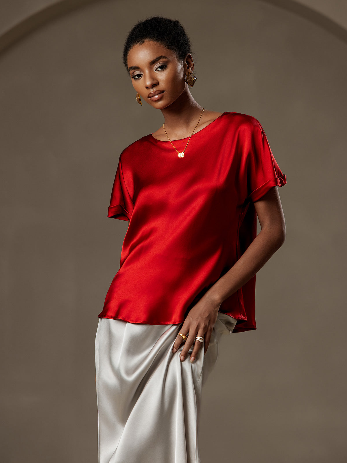 [Wine] SilkSilky-UK 19Momme Silk Short Sleeve Round Neck Women's T-Shirt 001