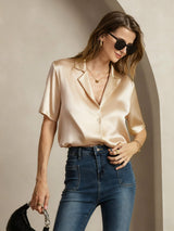 [Champagne] SilkSilky-UK 19Momme Silk Notched Neck Women's Shirt 001